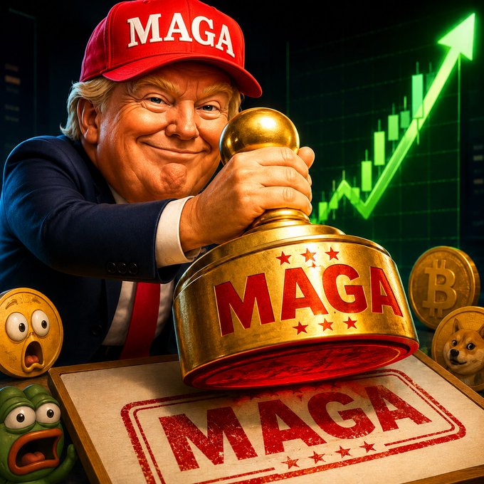 A digital illustration depicting Donald Trump wearing a red "MAGA" hat, ringing a large golden bell labeled "MAGA," with a green rising stock chart, Bitcoin, and Doge coins in the background.