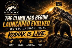 A promotional graphic for KodiakPad features the tagline "THE CLIMB HAS BEGUN. LAUNCHPAD EVOLVED. BUILD. LAUNCH. WIN. KODIAK IS LIVE." alongside a bear climbing a mountain, with the accompanying post directing users to build and trade at kodiaklaunch.com to get rich.