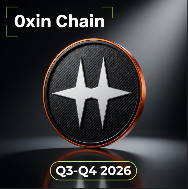The image showcases a sleek 3D-rendered coin featuring a white four-pointed star emblem on a textured black background, encircled by a copper-toned rim, labeled "Oxin Chain" with a "Q3-Q4 2026" timeline indicator. The bold, futuristic design visually reinforces the post's message of an upcoming crypto and AI-powered milestone, highlighting key features like the Dex Version 1 Release and Staking Rewards within the specified timeframe.