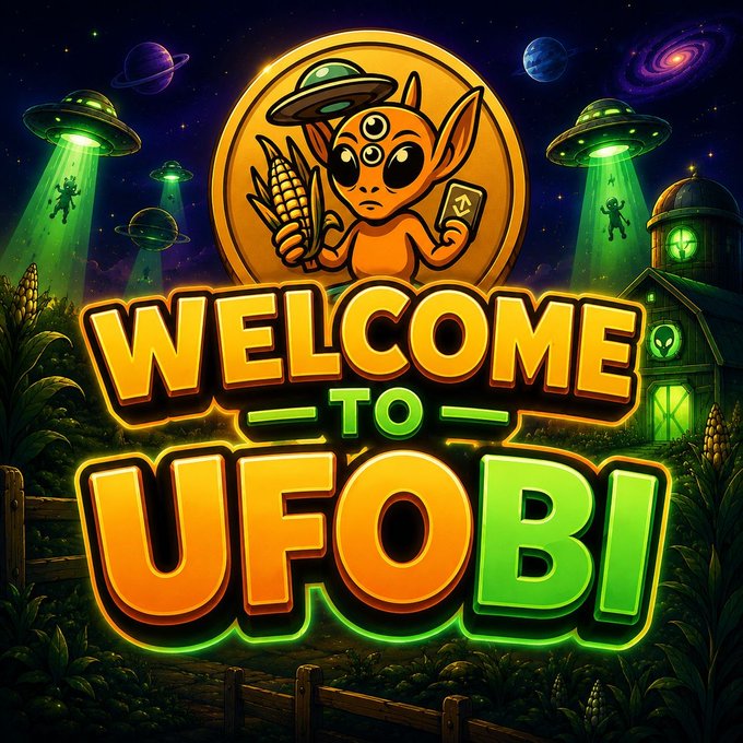 A colorful 'Welcome to UFOBI' logo graphic featuring a cartoon alien in a UFO coin design with three eyes, holding corn and a card, set against a space scene with UFOs, planets, and a barn.