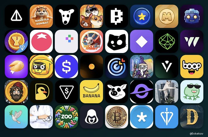 A grid of various digital app icons or tokens is displayed on a dark background. Notable icons include text reading "HAMSTER KOMBAT", "BANANA", "boop", and a Bitcoin logo, along with various animal and cartoon designs, credited to "@xkekov" in the corner.
