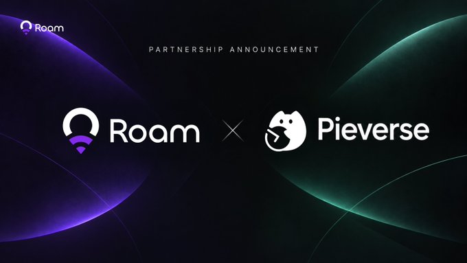 A partnership announcement banner featuring the Roam logo (purple) and Pieverse logo (white with a panda icon) against a dark background with purple and green light effects.