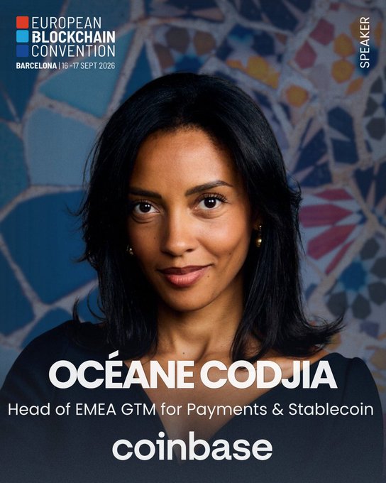A promotional poster for the European Blockchain Convention in Barcelona featuring speaker Océane Codjia, Head of EMEA GTM for Payments & Stablecoin at Coinbase.