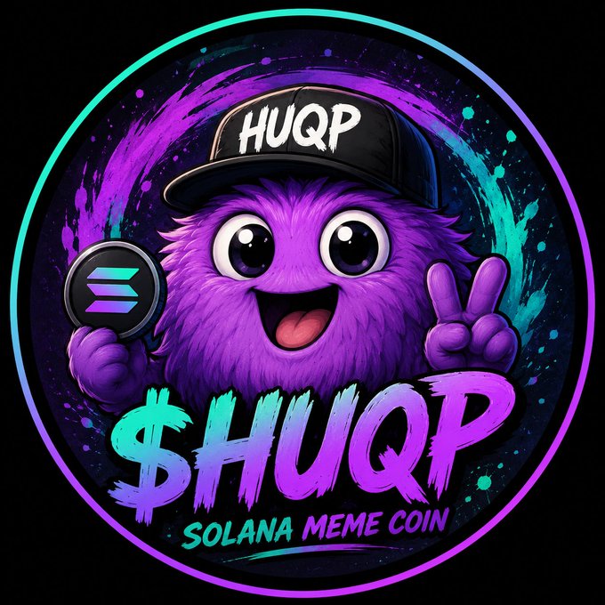 The image features a purple monster with a big smile, holding up two peace signs while wearing a hat that says "huqp" on it. The monster appears to be waving at the viewer, creating an engaging and fun atmosphere. The background of the image is black, which contrasts nicely with the vibrant colors of the monster's outfit and makes the purple character stand out even more.