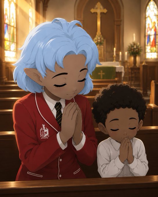 The image shows a woman with blue hair wearing a red jacket sitting next to a young boy who has black hair, both of them praying together. The background features a church interior with stained glass windows that allow sunlight to shine through, creating a warm and peaceful atmosphere for their prayer session.