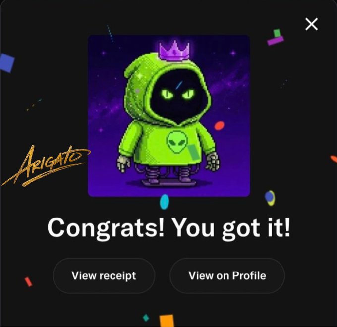 A celebratory pop-up displays the message "Congrats! You got it!" alongside a green robot character with glowing eyes wearing a purple crown, set against a space-themed background with confetti and an "Arigato" signature. The image marks the successful mint of a Pixelord NFT, consistent with the post's excitement about acquiring a piece from the artist whose work they admire, with the public mint opening soon.