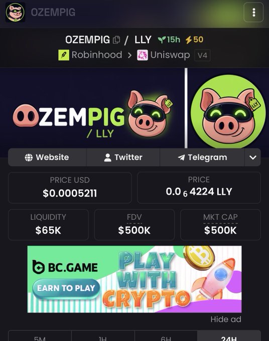 A cryptocurrency token page showing 'OZEMPIG / LLY' token with a pig mascot logo, displaying price USD $0.0005211, price 0.0₆4224 LLY, liquidity $65K, FDV $500K, and market cap $500K, with links to Website, Twitter, and Telegram.