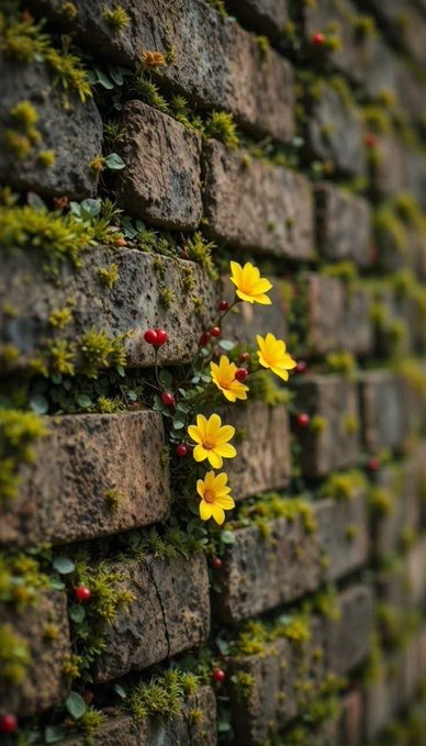 A close-up photograph of a moss-covered brick wall with small yellow flowers and red berries growing between the stones.