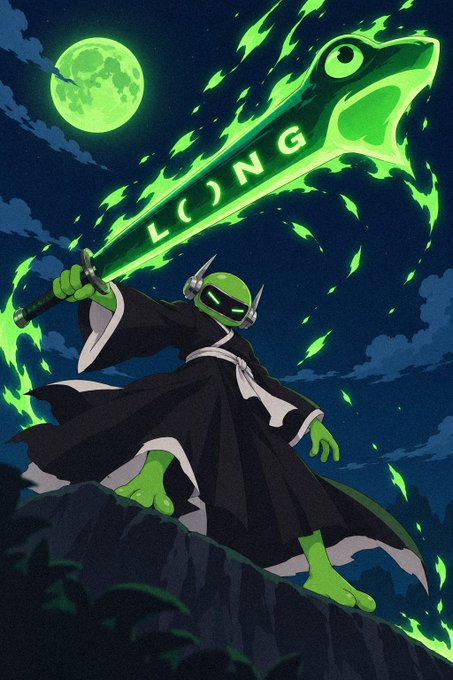 Anime-style digital art featuring a green lizard humanoid in a black robe wielding a glowing green sword inscribed with 'LONG' under a full moon night sky.