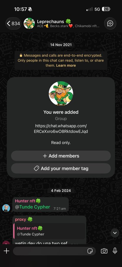 A WhatsApp group chat called "Leprechauns" displays an invitation screenshot showing the user was added on 14 Nov 2021, with a shamrock emoji and a group link, reinforcing the post's claim that "nfts are back" as members like "Hunter nft ☘️" and "prooxy" discuss related updates.