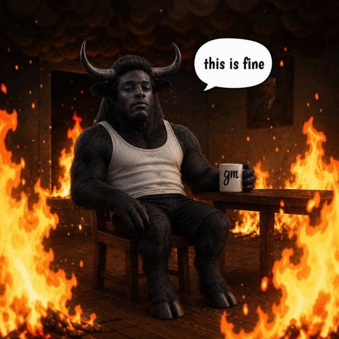 A minotaur with a human face sits calmly at a table holding a coffee mug, surrounded by flames, with a speech bubble reading "this is fine." The image humorously relates to the post by depicting the speaker's nonchalance about a bold $100 giveaway promise contingent on $ANSEM hitting $50 million by July 30.