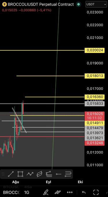 A cryptocurrency trading chart for the BROCCOLI/USDT perpetual contract shows a recent 6.41% drop to $0.015025, with price levels marked from $0.013248 to $0.023000, illustrating the 5-10% correction following a significant rally mentioned in the post.