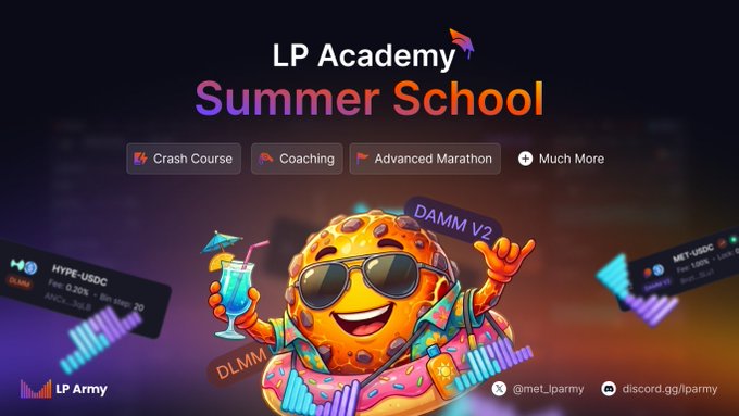 A promotional graphic for 'LP Academy Summer School' by LP Army featuring a cookie mascot in sunglasses holding a drink, with options like 'Crash Course', 'Coaching', and 'Advanced Marathon'.