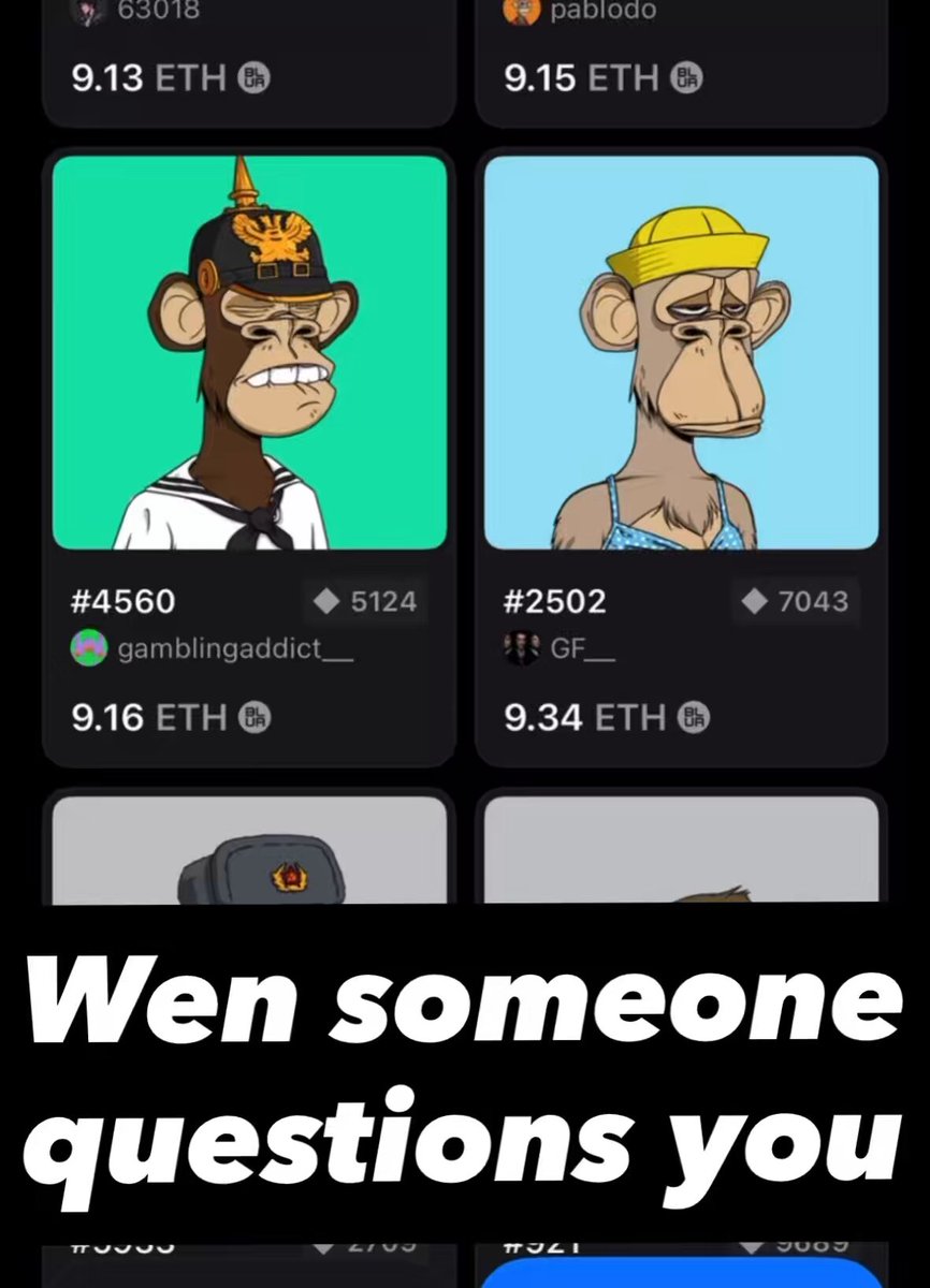 The image shows a cell phone screen displaying two different cartoon characters, one wearing a hat with a lion's head and the other wearing a yellow hat. Below these images are descriptions of the characters, including their names and the number of eth coins they have. The text on the screen reads "Wen someone someone questions you".