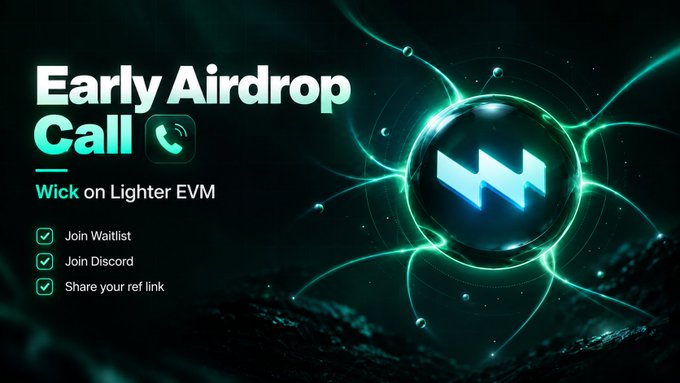A promotional graphic announcing an early airdrop call for "Wick on Lighter EVM," featuring a glowing green orb with the Wick logo alongside a checklist prompting users to join the waitlist, join Discord, and share their referral link. The tie-in post highlights Wick as a new liquidity hub by the Shadow Exchange team, emphasizing their prior success rewarding Sonic users and encouraging early participation through the listed actions.