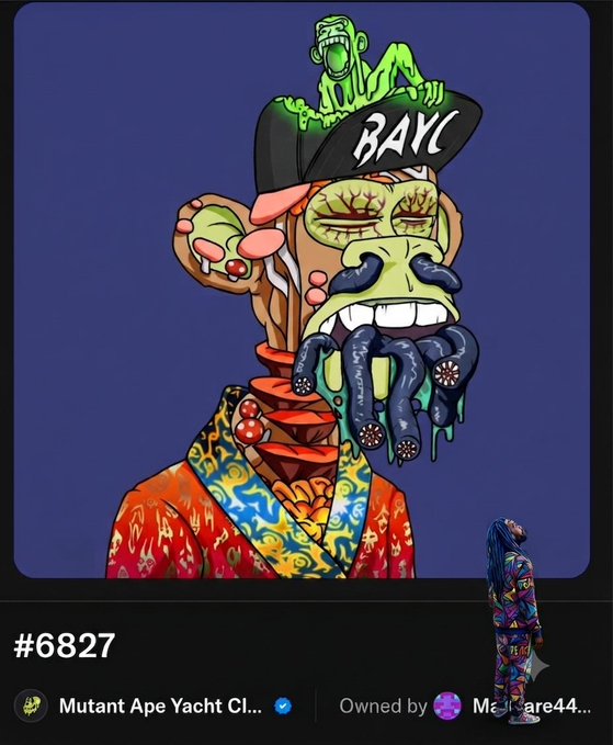 A Bored Ape-style NFT (#6827) from the "Mutant Ape Yacht Club" collection, showing a green ape with a "BAYC" cap and elaborate colorful attire, owned by "Medr...are44..."