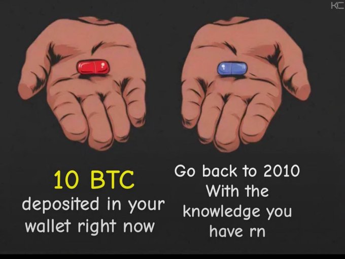 An illustration showing two hands holding red and blue pills with text reading '10 BTC deposited in your wallet right now' and 'Go back to 2010 With the knowledge you have rn'.