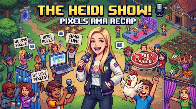 A pixel art banner titled 'THE HEIDI SHOW! PIXELS AMA RECAP' featuring a blonde woman with a microphone surrounded by fans, a chicken, and farm scenery with signs reading 'WE LOVE PIXELS!', 'HEIDI RULES!', and 'AMA FUN!'.