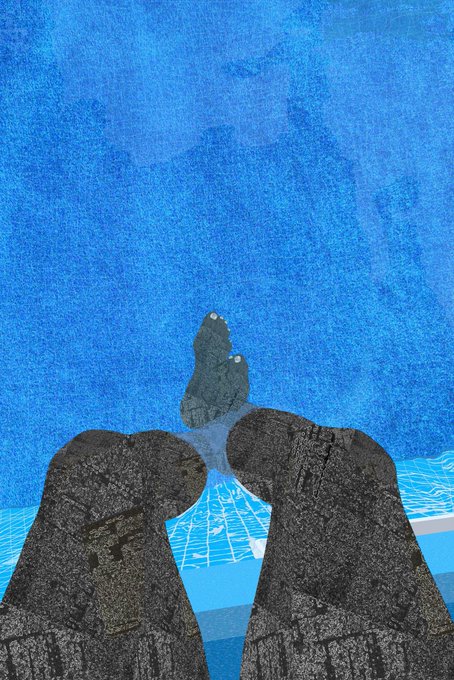 Abstract digital artwork showing two dark silhouetted hands or figures meeting against a textured bright blue background with grid lines at the bottom.