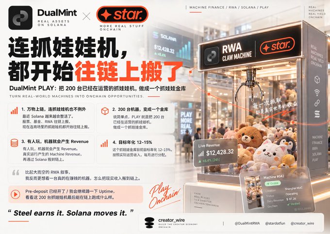A promotional graphic for DualMint PLAY and star.fun advertising a RWA Claw Machine, with Chinese text "连抓娃娃机,都开始往链上搬了" and the tagline "Steel earns it. Solana moves it." showing live revenue of $12,428.32.