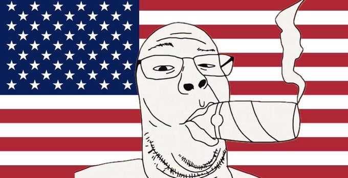 The image features a cartoon depiction of an American flag with a man smoking a cigarette, wearing glasses, and holding a pipe. The caption below the image reads "$WOJAK meme ip will be safe in the hands of patriots jakillions". This suggests that the meme is related to patriotism or celebrating the United States, as it features elements from the American flag and the man's attire.