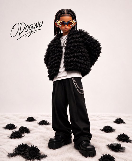 A child model wearing a black fuzzy jacket, sunglasses, baggy black pants with a chain, and chunky black boots, with 'ODogwu' written on the side.