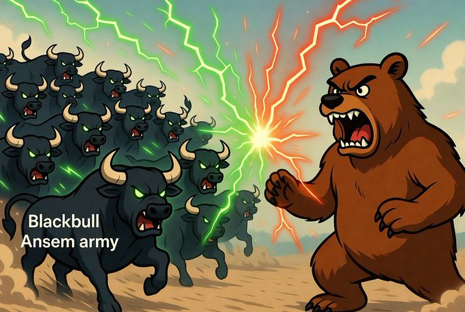 A cartoon-style illustration showing a large brown bear roaring and clashing with an army of charging black bulls amid green and orange lightning, labeled 'Blackbull Ansem army'.