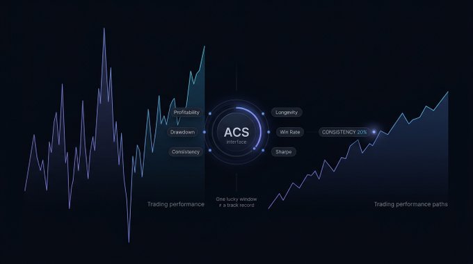 A dark financial infographic centered on an 'ACS interface' circle, surrounded by metrics like Profitability, Drawdown, Longevity, Win Rate, and Sharpe, flanked by two trading performance line charts.