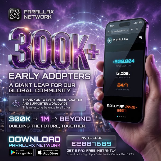 A promotional graphic for 'PARALLAX NETWORK' celebrates '300K+ EARLY ADOPTERS,' offering an invite code 'E2BB76B9' for 5 PAX free and featuring a phone displaying the network's stats.