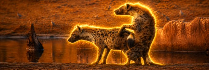 Two spotted hyenas appear to be mating at a watering hole, their bodies backlit by a glowing golden sunset. The image has no text or numbers, but its wild, primal energy visually echoes the bullish "banner image" celebration for the $Nut token on Moby.