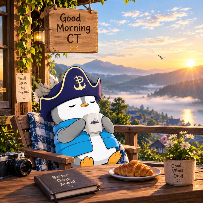 A digital illustration of a sleeping penguin wearing a blue pirate hat and jacket, sitting at a wooden table with a coffee mug, croissant, camera, and a 'Better Days Ahead' notebook, set against a mountain sunrise view with a 'Good Morning CT' sign.