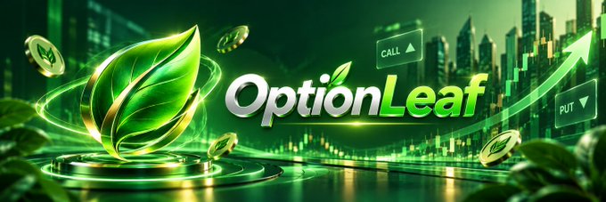 A promotional banner for 'OptionLeaf' featuring a glowing green leaf logo, floating coins, and a stock chart background with 'CALL' and 'PUT' option indicators.
