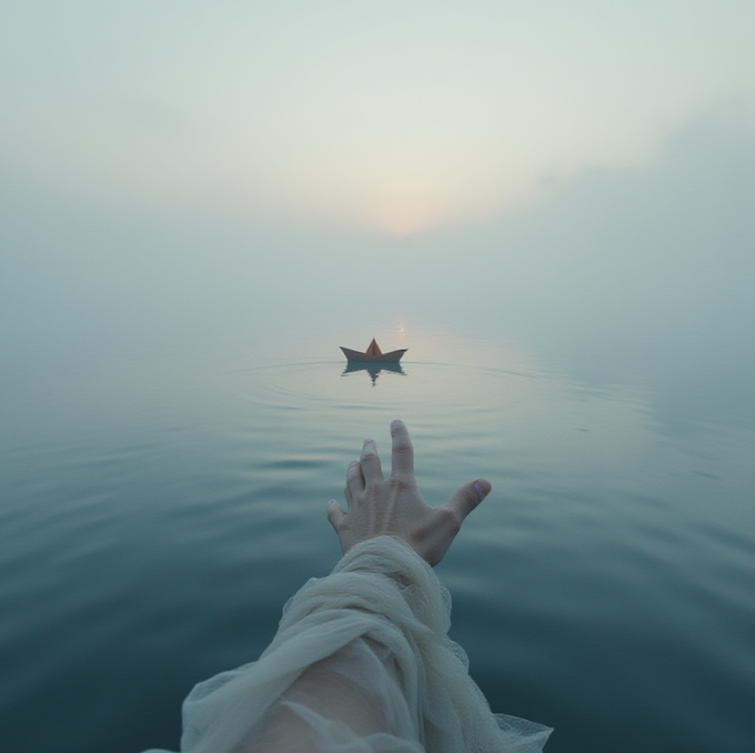 A hand reaches out toward a paper boat floating on calm misty water under a soft sunset glow, with the wearer's flowing light sleeve visible in the foreground.