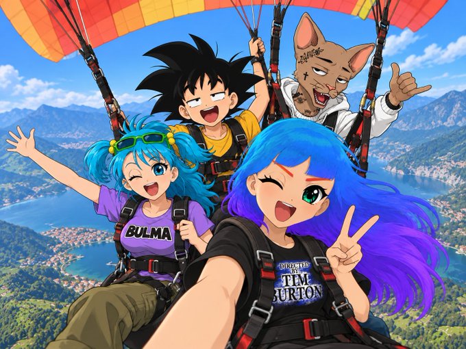 An anime-style illustration of four characters skydiving with a parachute, including one character with blue hair wearing a 'TIM BURTON' shirt.