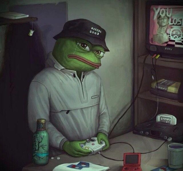 A painting of a sad Pepe the Frog wearing a bucket hat labeled 'RIEDEL 2003', a white pullover, and small round glasses, holding a game controller in a dimly lit room with a CRT TV, gaming consoles, and a green bottle on the desk.