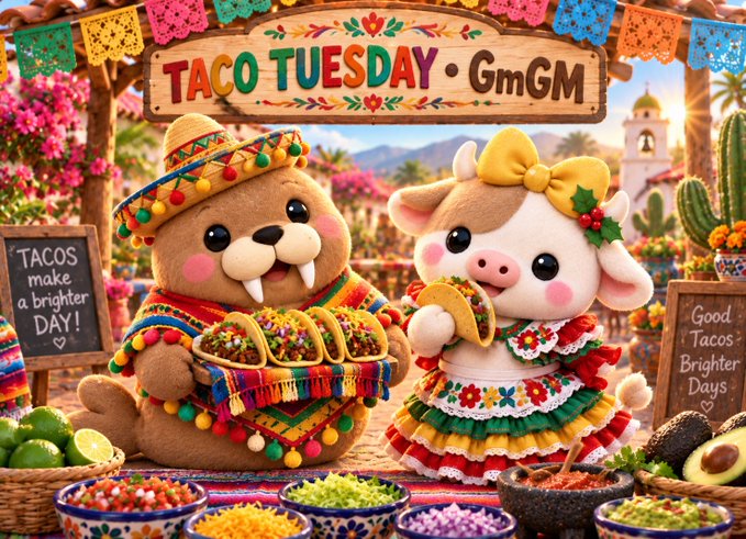 A festive digital illustration titled 'TACO TUESDAY' featuring a walrus character in a poncho holding tacos alongside a pig character in a colorful dress, surrounded by taco ingredients and decorative banners.