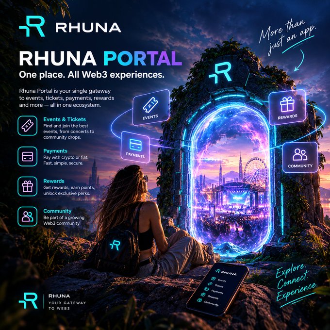 Promotional image for "RHUNA PORTAL" with the tagline "One place. All Web3 experiences." highlighting Events & Tickets, Payments, Rewards, and Community features.