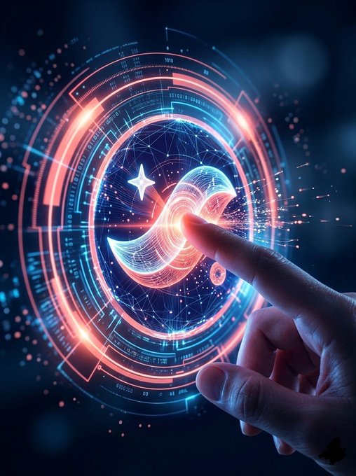 A futuristic digital illustration of a hand touching a glowing circular holographic interface featuring a swirling infinity-like logo with the Stellar (XLM) symbol and a star icon.