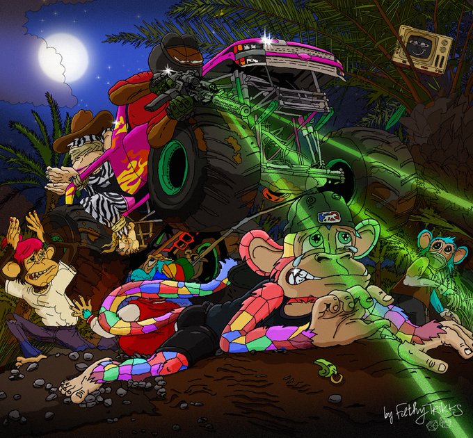 The image features a cartoon scene of a group of people, including a monkey wearing a hat, riding on a monster truck with green wheels. There are also other characters present in the scene, such as a person holding a camera and another person sitting down. The overall atmosphere appears to be playful and fun, with the characters engaging in various activities together. The post "gm frens and fams" suggests that this image might be related to a cartoon or comic strip featuring these characters, possibly for entertainment purposes or as part of a larger story.