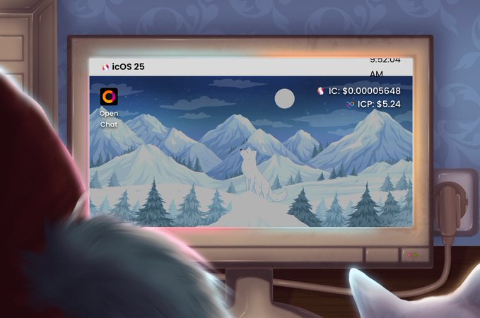 A digital illustration of a Santa hat-wearing figure viewing a monitor displaying 'iCOS 25', 'IC: $0.00005648', 'ICP: $5.24', and an 'Open Chat' icon, with a winter scene featuring a wolf on the screen.