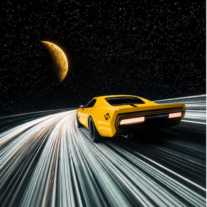 A yellow sports car speeds along a light-streaked road through a starry cosmic landscape with a large crescent moon in the background.