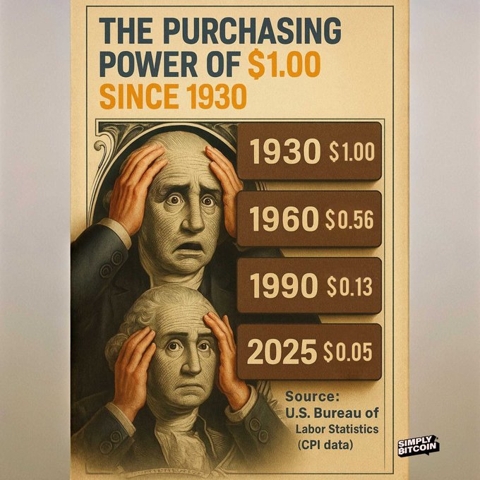 An infographic titled 'THE PURCHASING POWER OF $1.00 SINCE 1930' showing two shocked George Washington figures on a dollar bill, with decreasing values: 1930 $1.00, 1960 $0.56, 1990 $0.13, and 2025 $0.05, sourced from U.S. Bureau of Labor Statistics.