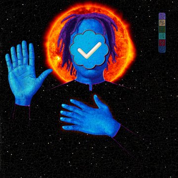 An artistic digital image featuring a blue-toned person with dreadlocks against a fiery orange circular background, with a Twitter verification checkmark covering their face and blue hands raised.