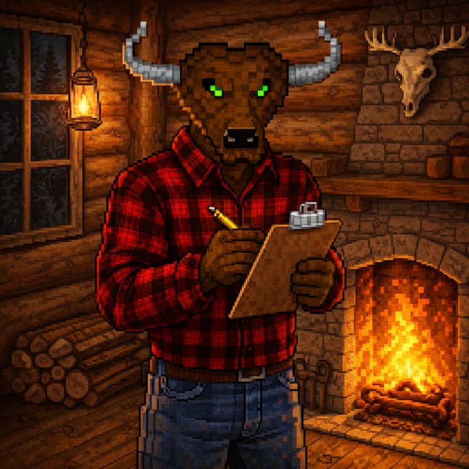 A pixel-art style illustration of a humanoid bull/bovine creature with green eyes and horns, wearing a red plaid shirt and jeans, writing on a clipboard with a pencil in a rustic log cabin setting with a fireplace.
