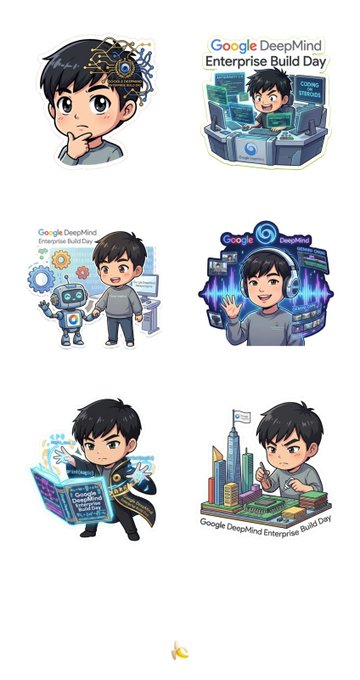 The image features a collection of six cartoon-style stickers, each depicting a different character or scene related to Google's "Google DeepMind Enterprise Build Day". The characters include a boy holding a book, a robot, and other elements that represent various aspects of the event. The stickers are arranged in two rows on a white background, with the top row being slightly larger than the bottom one.