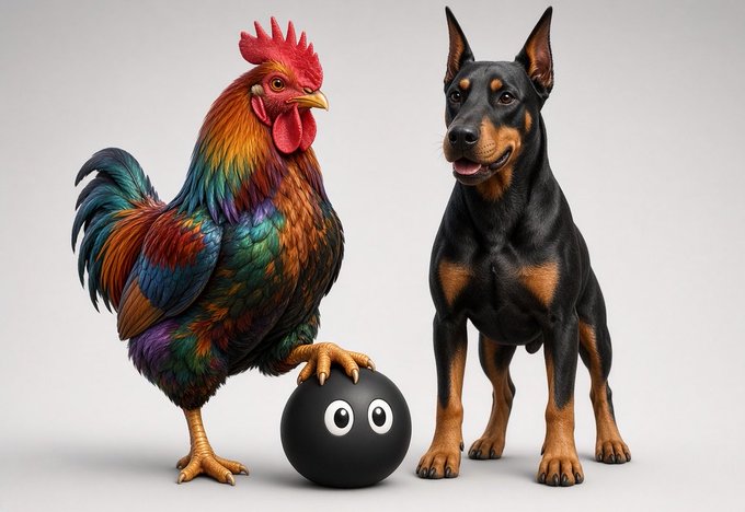 A 3D-rendered colorful rooster stands next to a black Doberman, with a small black cartoon-like ball featuring eyes between them.
