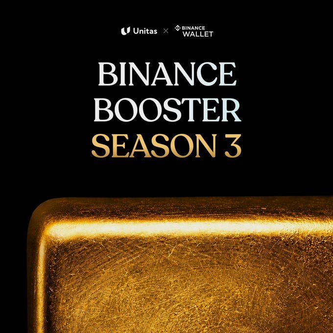 A promotional graphic for "BINANCE BOOSTER SEASON 3" featuring the Unitas and Binance Wallet logos at the top, with a gold bar (representing the XAUt token mentioned in the post) against a black background, advertising the $200,000 UP rewards campaign.