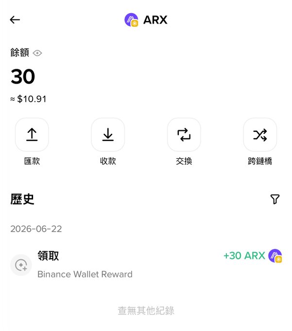 A screenshot of a smartphone screen showing a mobile app called "Arx Wallet Reward" with four options: +30 ARX, 0.9 U, 10.9 U and 30 U. It is an app developed by Binance that allows users to receive rewards in US dollars for trading Bitcoin or other cryptocurrencies using the Arx Wallet currency type. The image shows a close-up view of the phone screen displaying the details of this app, including its purpose and features.