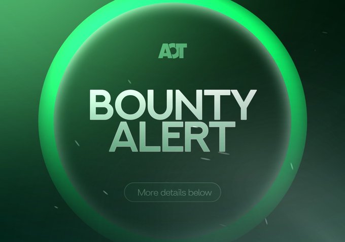 A digital graphic with a green glowing circular background displays the text 'AJT BOUNTY ALERT' with a button below reading 'More details below'.