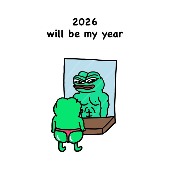 A Pepe the Frog meme featuring a buff frog looking at its muscular reflection in a mirror with the text '2026 will be my year'.